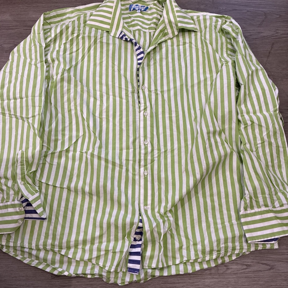 Lanzino Green & White Striped Collared Button Up Dress Shirt | Size 4XL